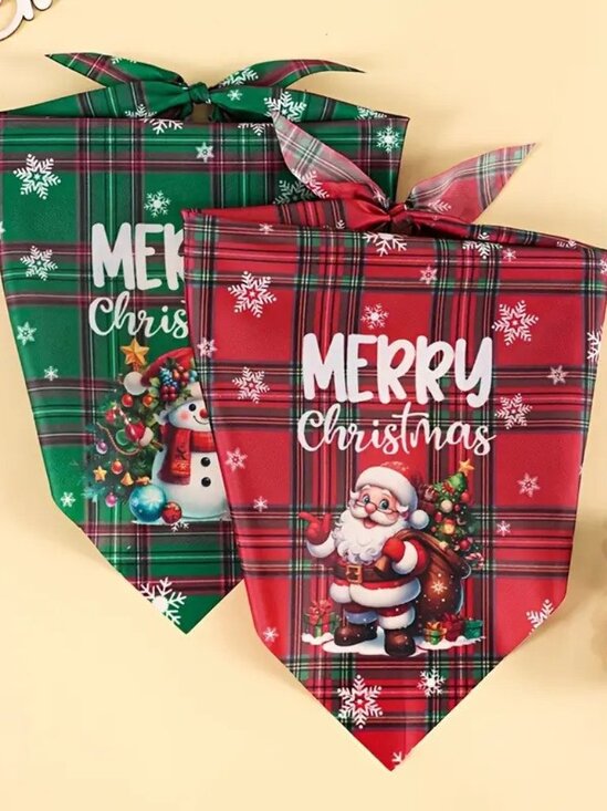 Other - Set of 2 Red and Green Festive Holiday Dog Bandanas with Santa and Snowman